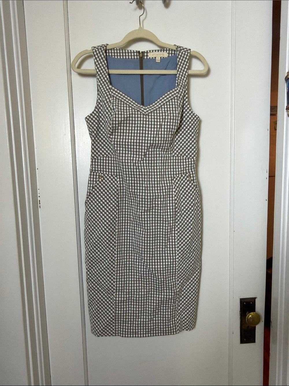 Etcetera Classic Gingham Sheath Dress - Taupe & White size 2